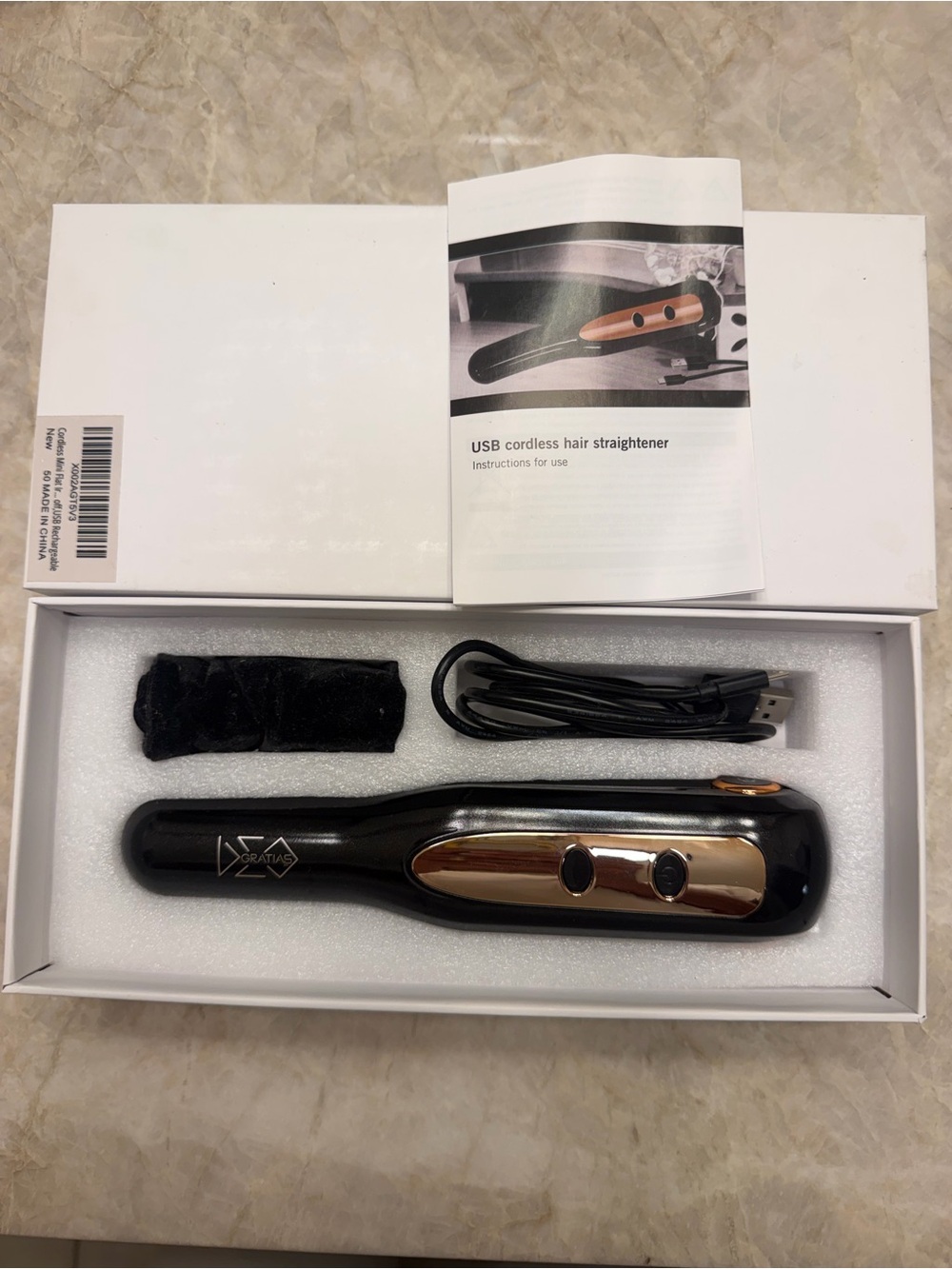 Cordless USB Hair Straightener - Black with Rose Gold Accents
